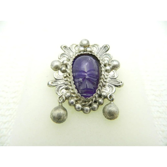 VTG MEXICAN STERLING Glass Purple Amethyst Carved Mask Dangle Pin Brooch - Picture 1 of 5